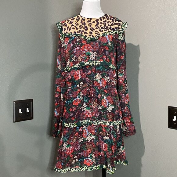 Scotch & Soda Mixed Print Leopard and Florals Dress Bell Sleeves Ruffles - Picture 3 of 13